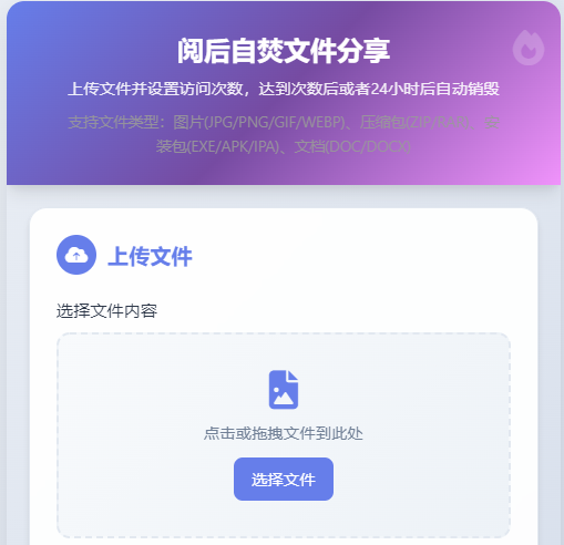 阅后自焚文件分享 上传文件并设置访问次数，达到次数后或者24小时后自动销毁(图1)