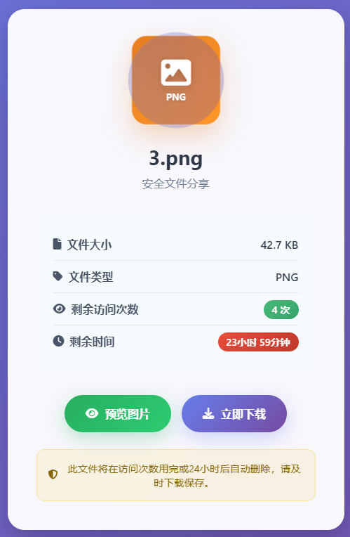 阅后自焚文件分享 上传文件并设置访问次数，达到次数后或者24小时后自动销毁(图5)